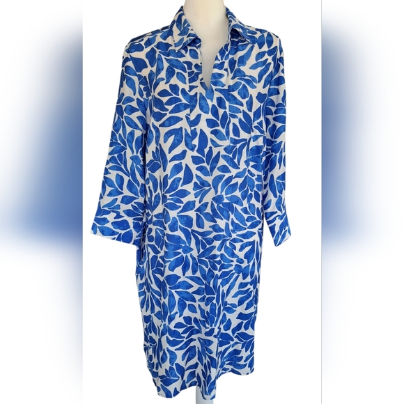 Mlle Gabrielle Blue and White Leaf-Print Shirt Dress - Picture 2 of 11